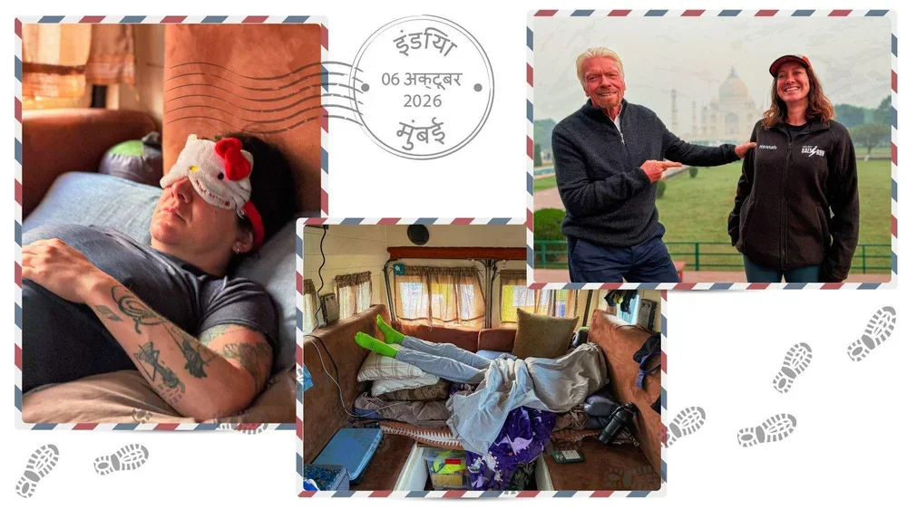 Hannah Cox asleep in the van, and Hannah standing next to Richard Branson